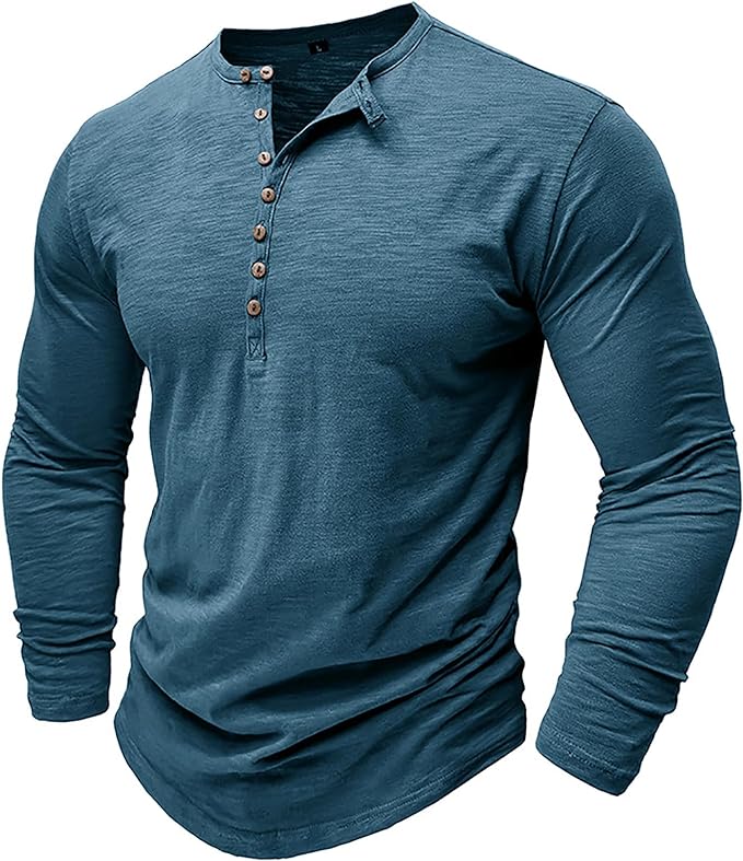 Langærmet T-shirt til mænd, hverdagsbrug, Henley-udskæring, komfortabel, åndbar og afslappet