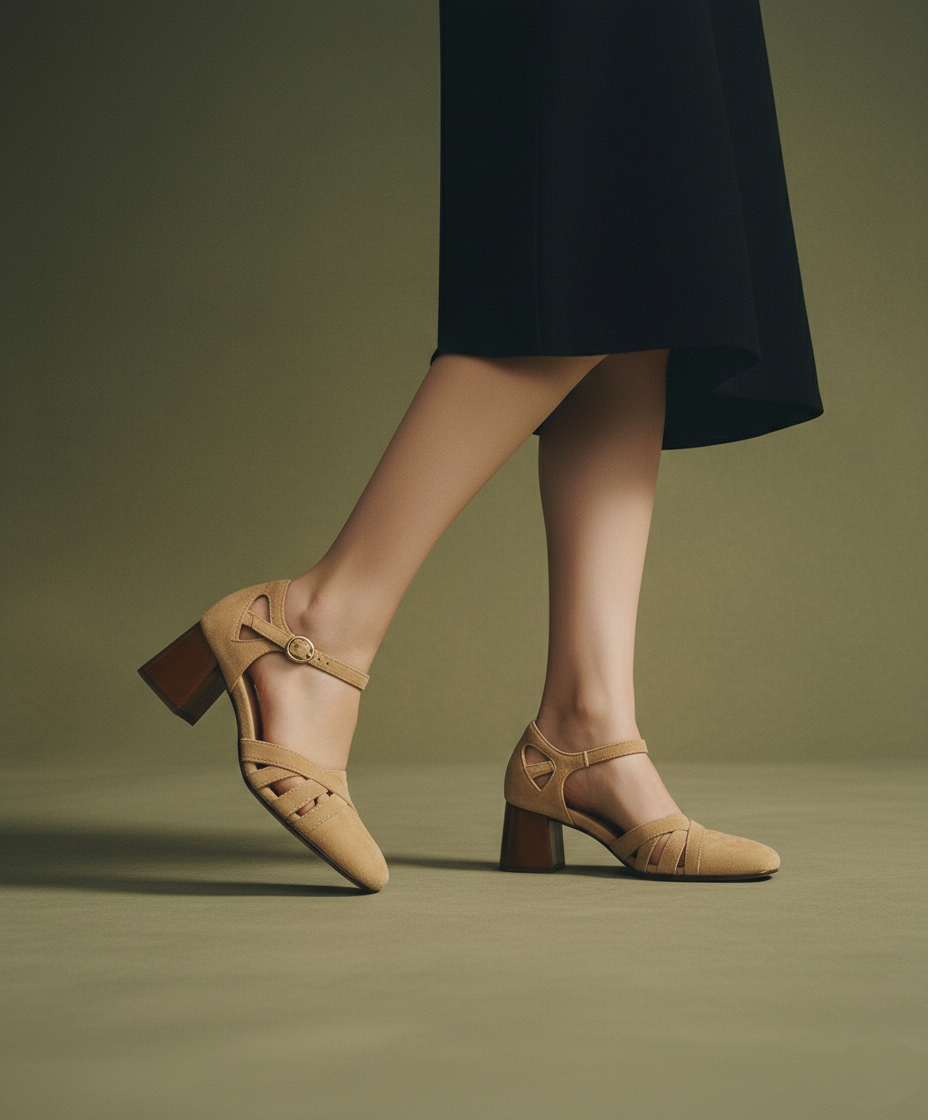 Open Sheepskin Pumps with Block Heel and Square Toe