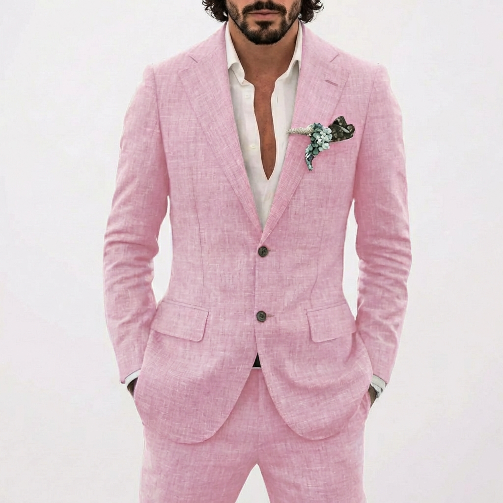 Costume deux pièces pour homme en lin avec blazer à boutonnage simple et revers