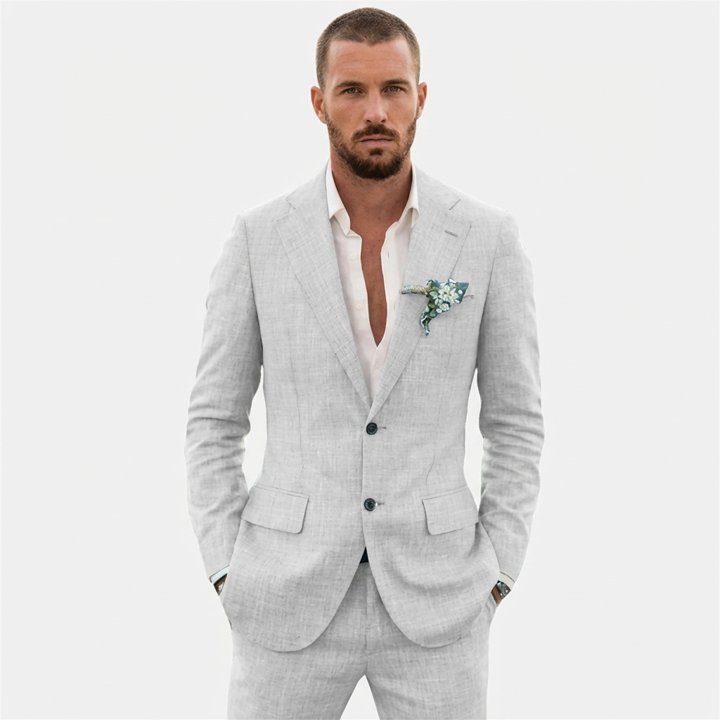 Costume deux pièces pour homme en lin avec blazer à boutonnage simple et revers