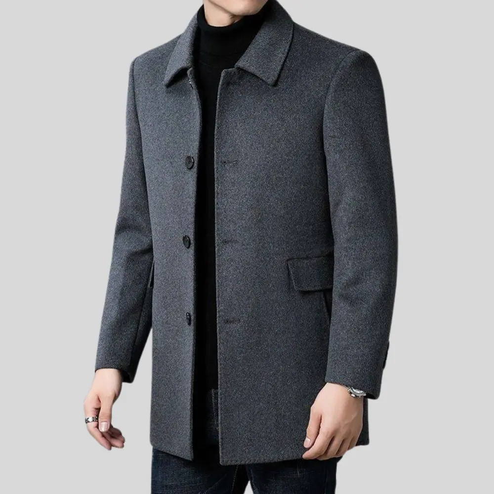 Herrefrakke til kontoret i uldblanding med figursyet snit, klassisk krave, knaplukning og elegant stil