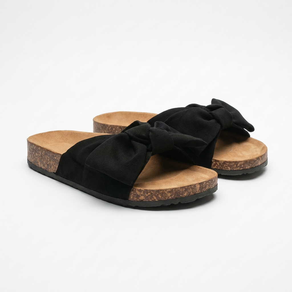 Mules Plates à Noeud Décoratif avec Semelle en Liège et Caoutchouc pour Femme