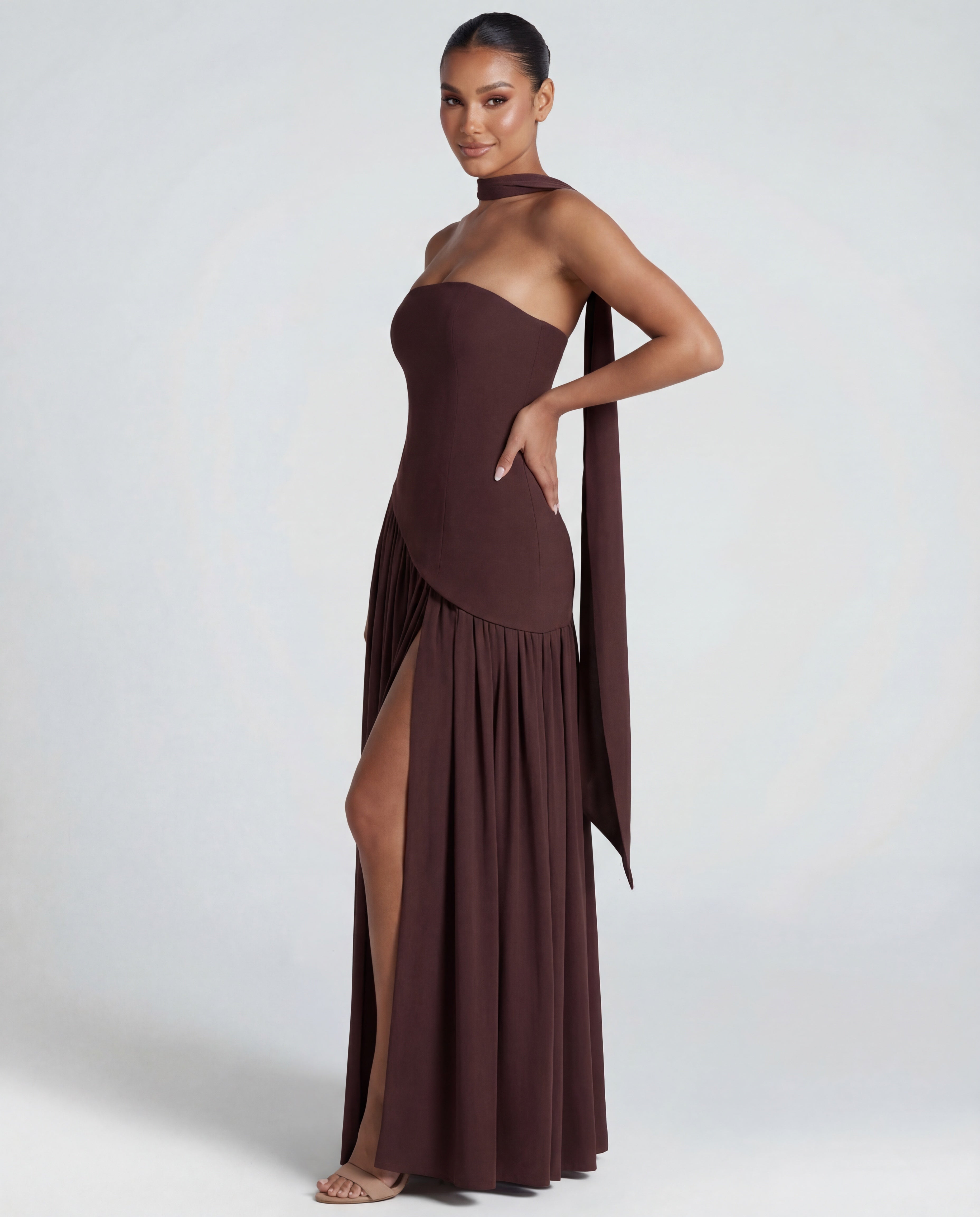 Long women's dress — strapless bustier and draped neckline | evening outfit