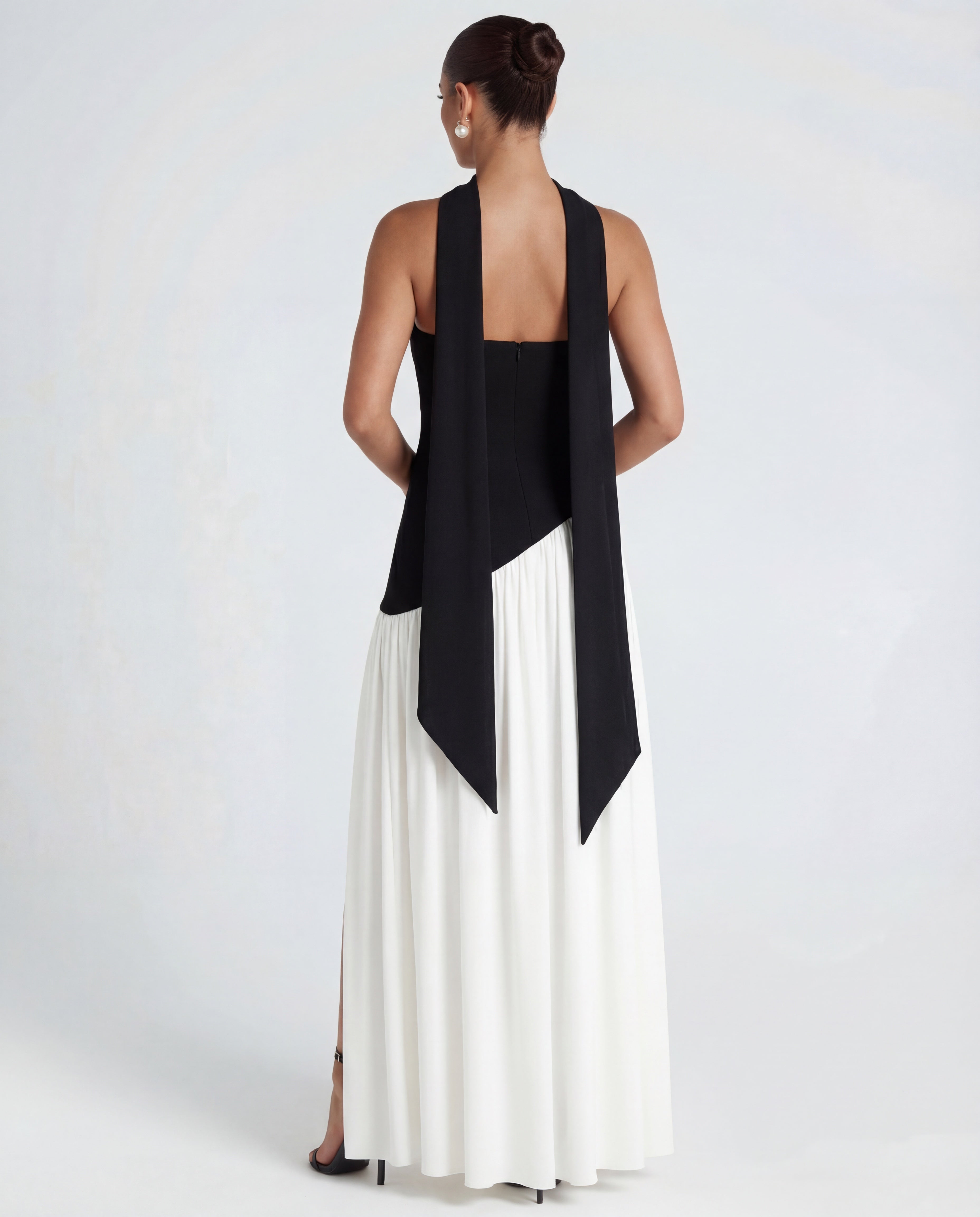 Long women's dress — strapless bustier and draped neckline | evening outfit