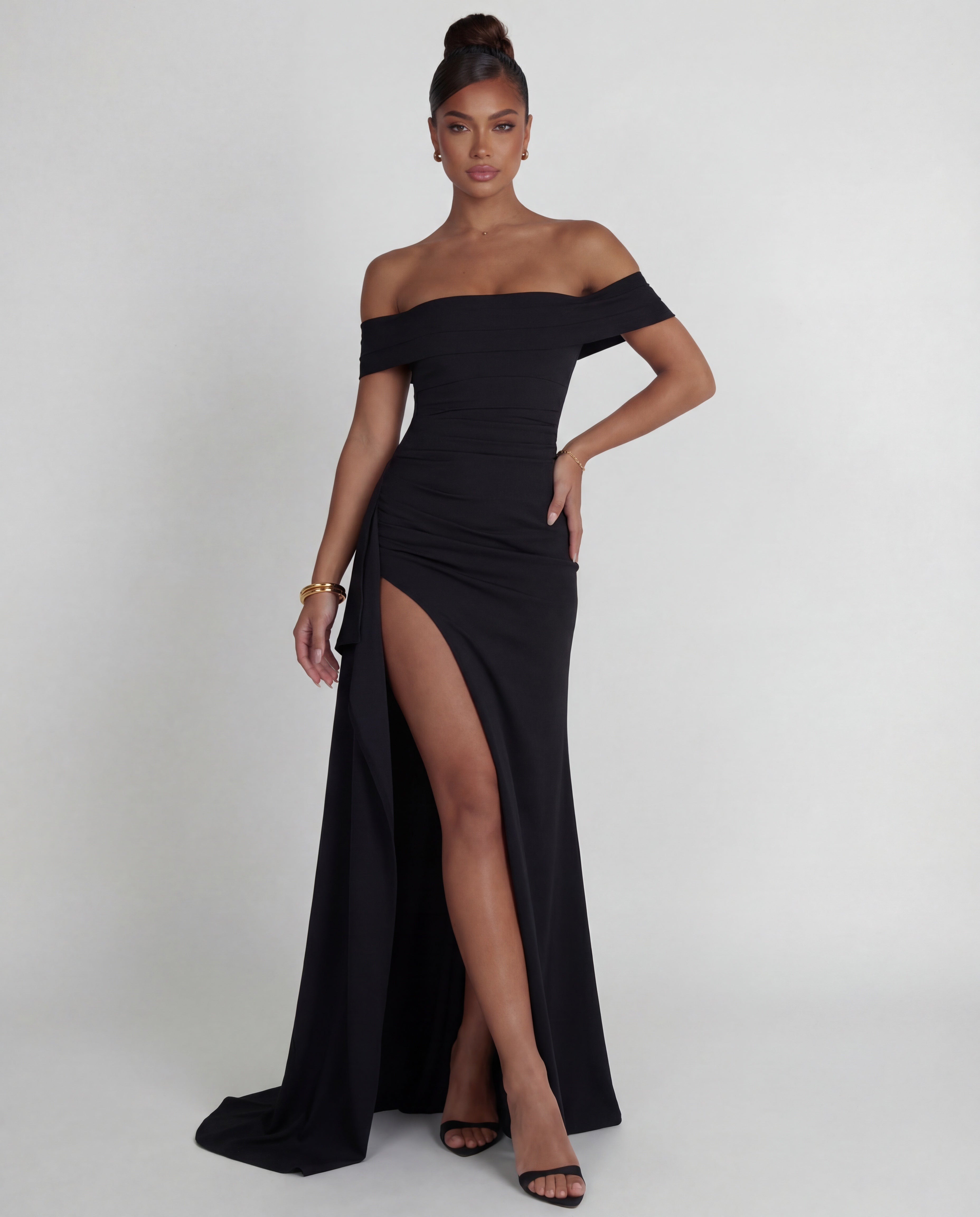 Women's long dress — gathered Bardot neckline with side slit | gala evening