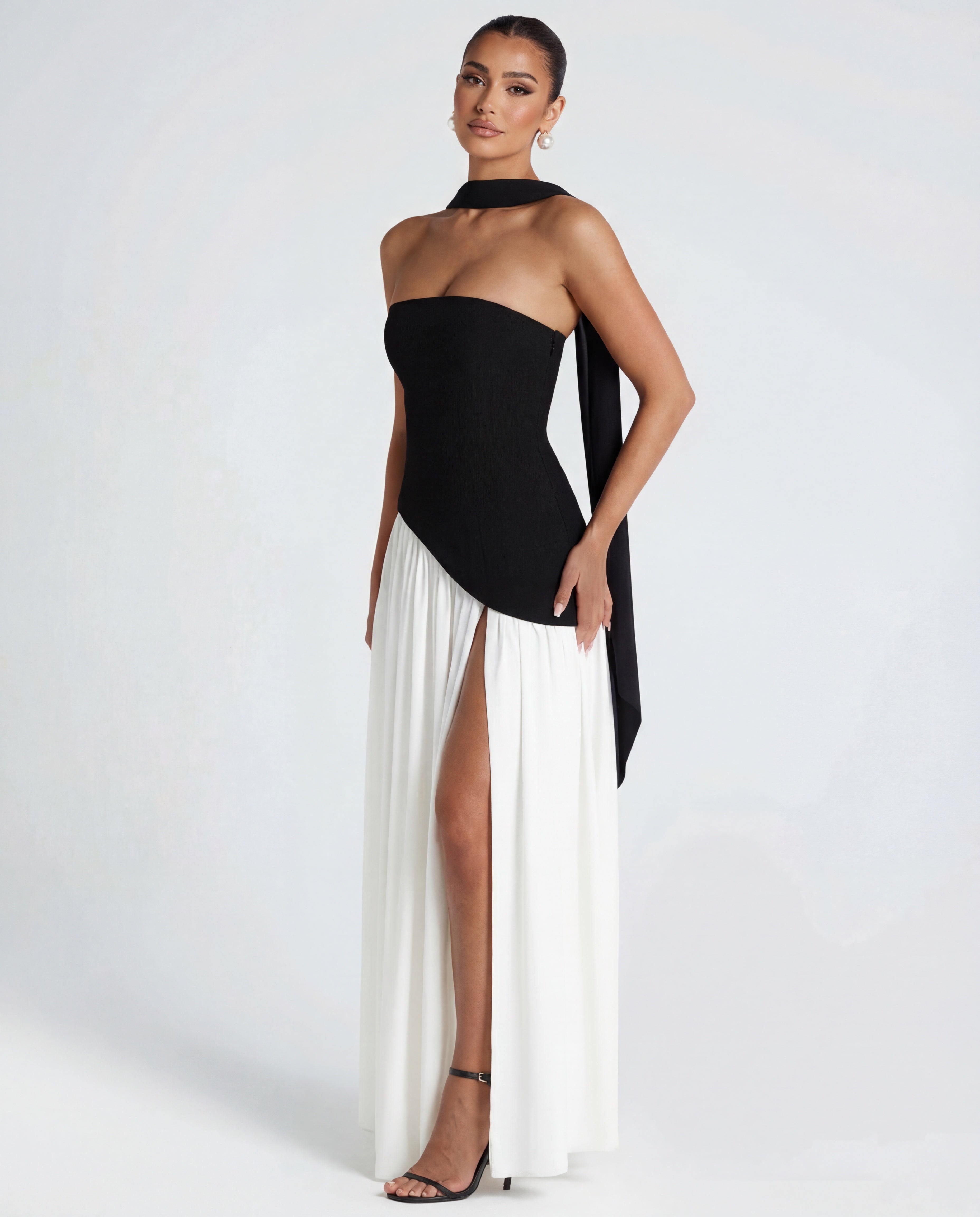 Long women's dress — strapless bustier and draped neckline | evening outfit