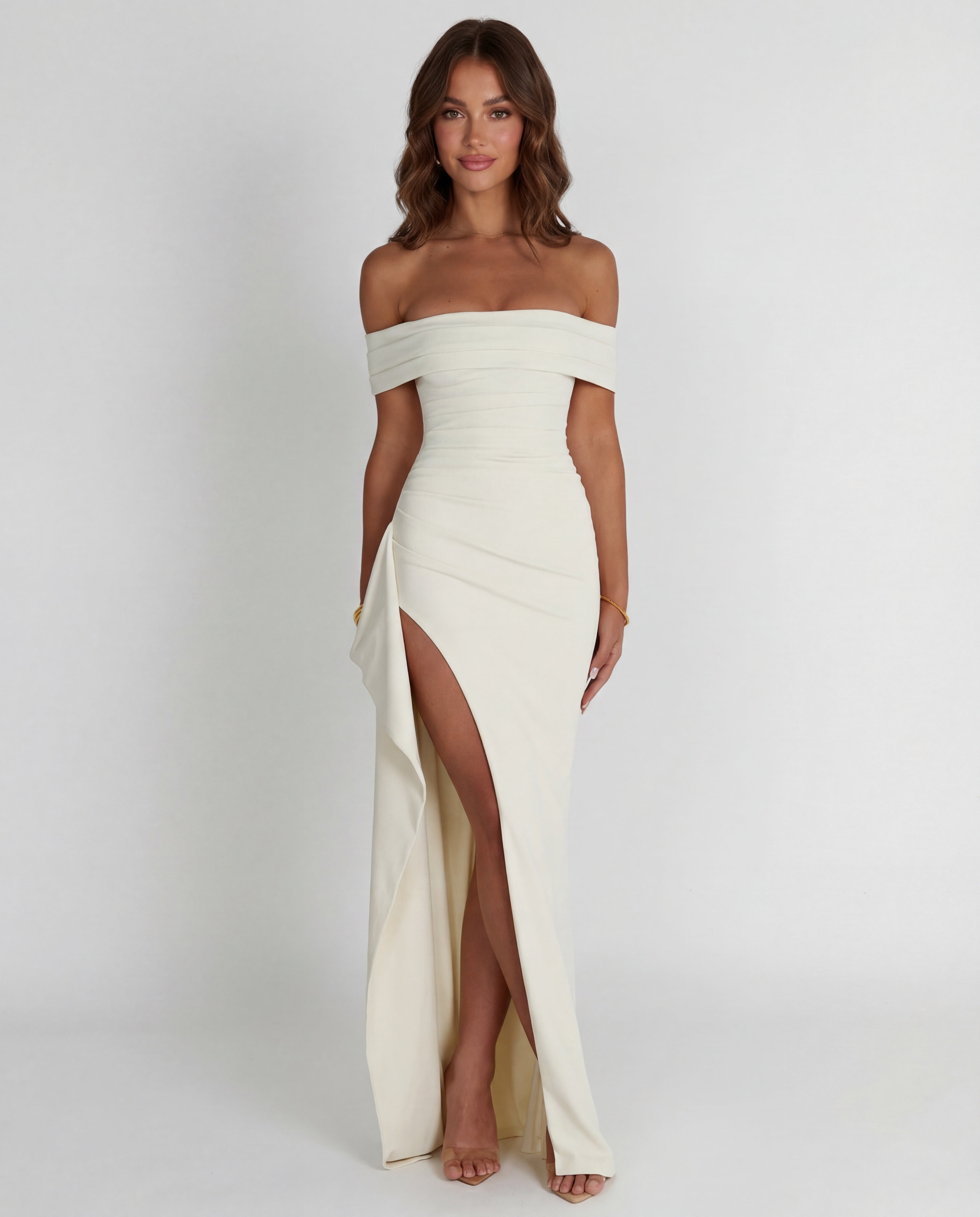 Women's long dress — gathered Bardot neckline with side slit | gala evening