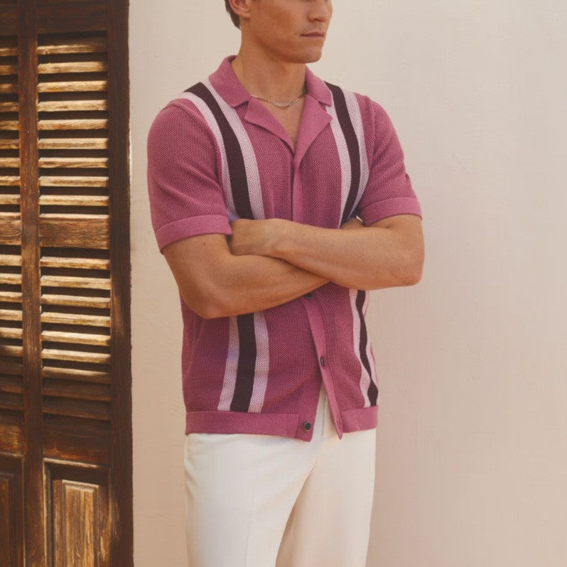 Polo masculino em malha — listras verticais — roupa para praia e férias