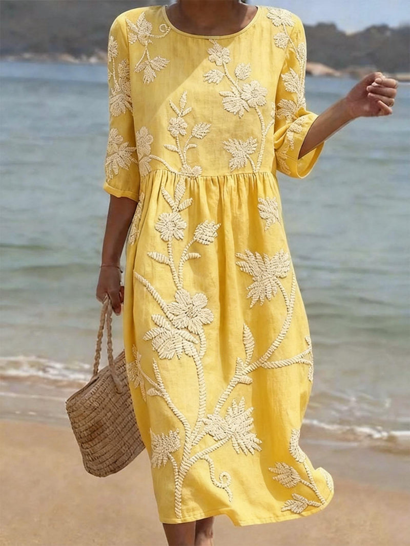 Robe midi femme broderie florale col rond