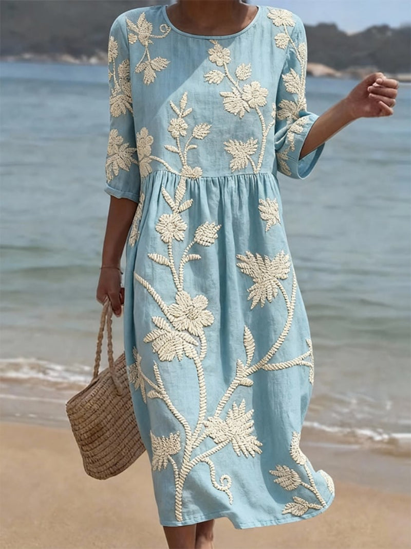Robe midi femme broderie florale col rond