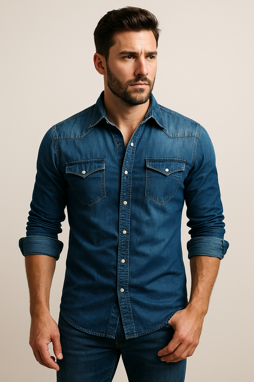 Chemise en jean à manches longues pour homme coupe ajustée avec poches poitrine