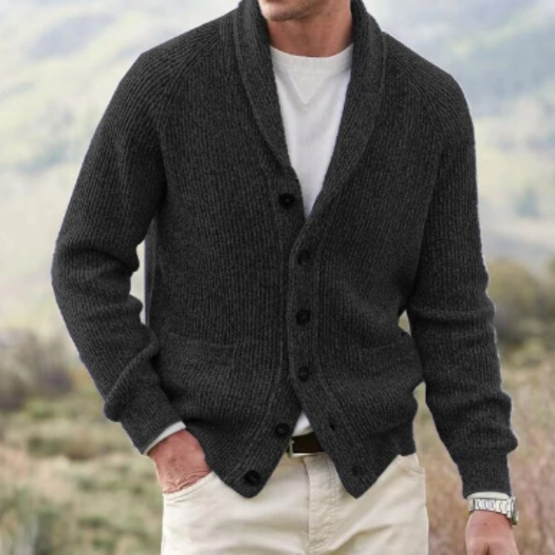 Gilet en maille pour homme avec col châle et fermeture boutonnée classique