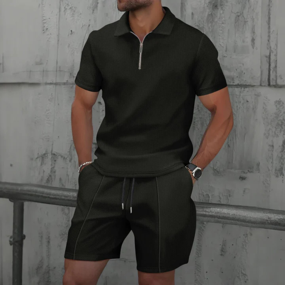Ensemble d'été gaufré pour homme avec polo zippé et short à cordon de serrage