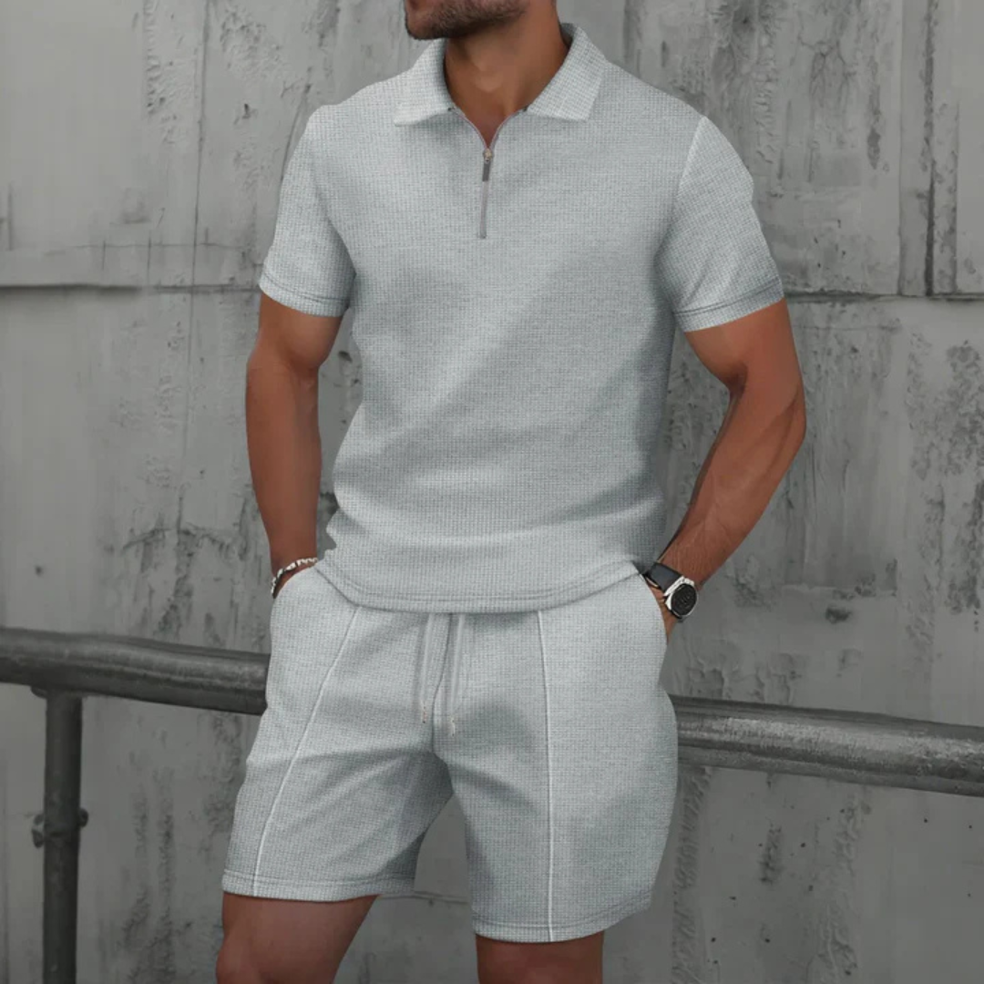 Ensemble d'été gaufré pour homme avec polo zippé et short à cordon de serrage
