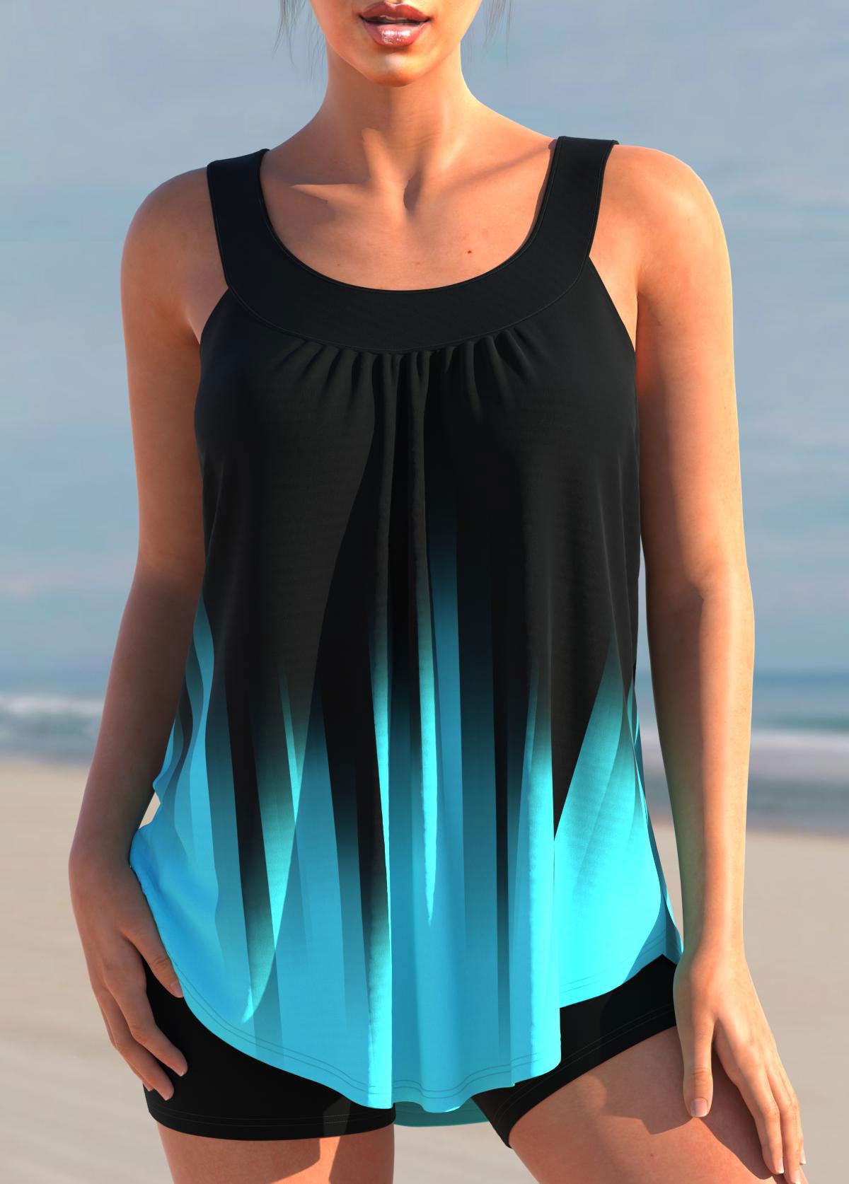 Maillot de Bain Tankini Taille Haute avec Haut Évasé et Short de Natation