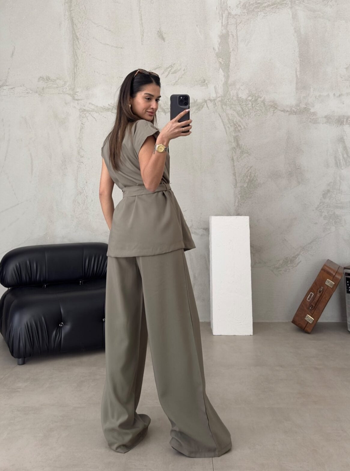 Ensemble Tailleur Pantalon Large et Gilet Sans Manches à Col Rabattu pour Femme