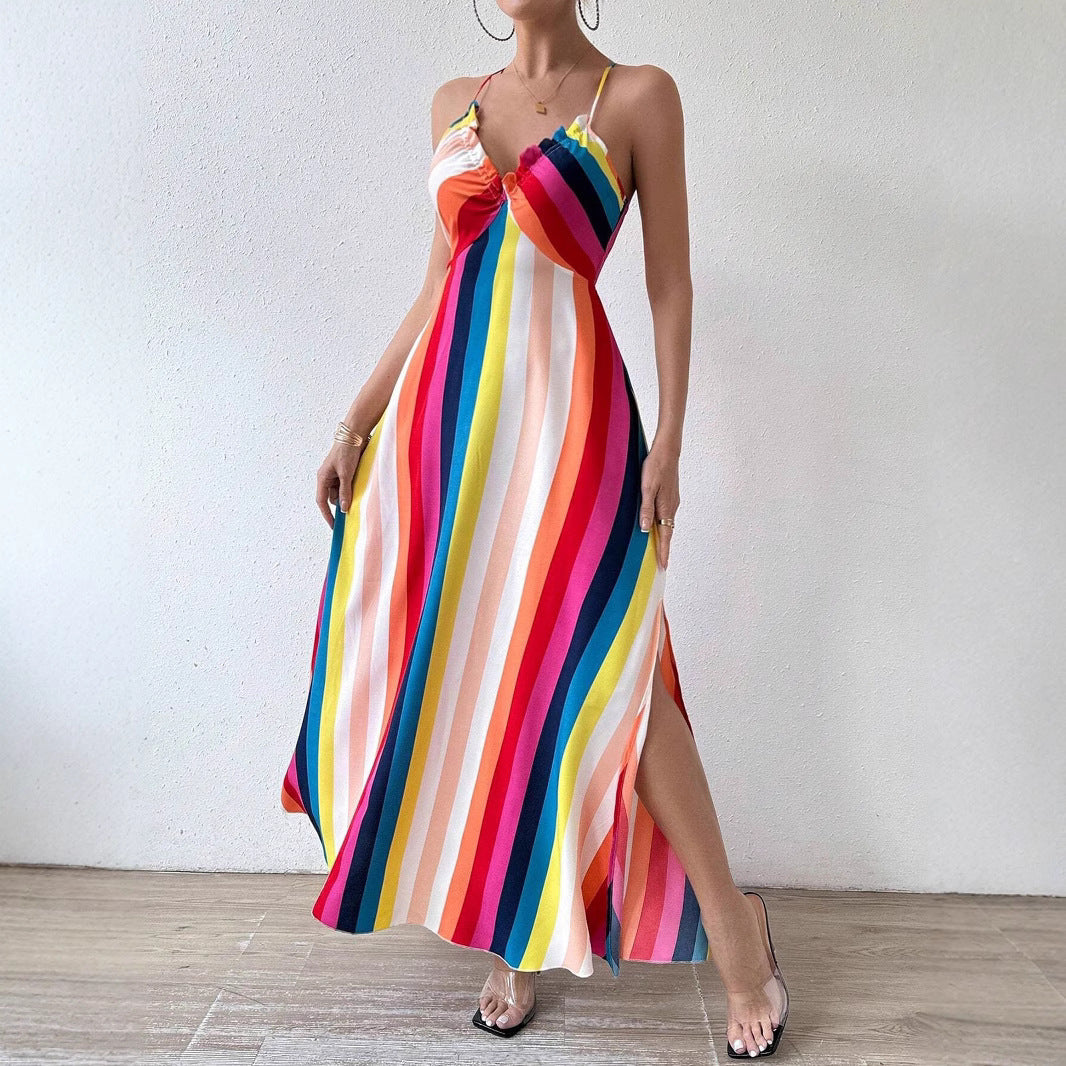 Robe Longue à Imprimé Rétro Coupe Ajustée avec Encolure Halter et Taille Empire