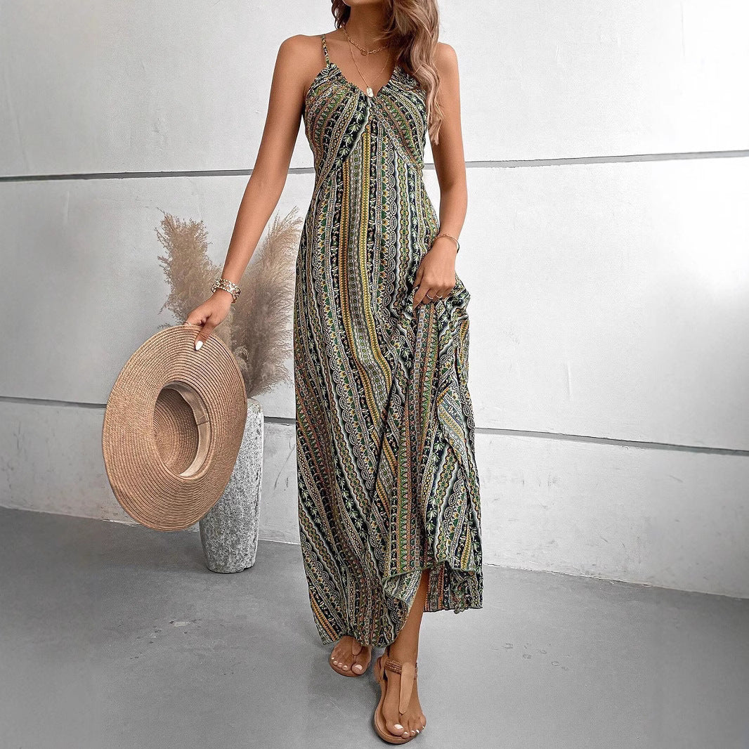 Robe Longue à Imprimé Rétro Coupe Ajustée avec Encolure Halter et Taille Empire