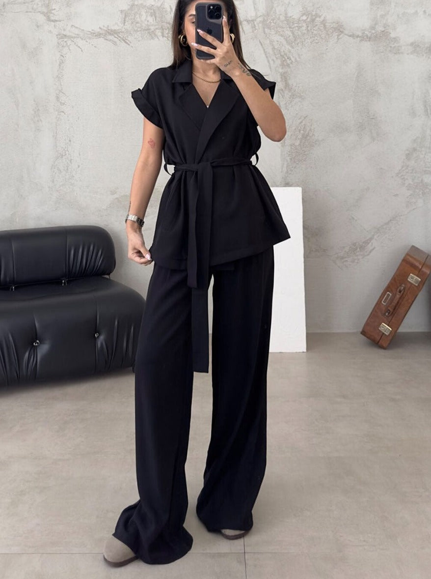 Ensemble Tailleur Pantalon Large et Gilet Sans Manches à Col Rabattu pour Femme