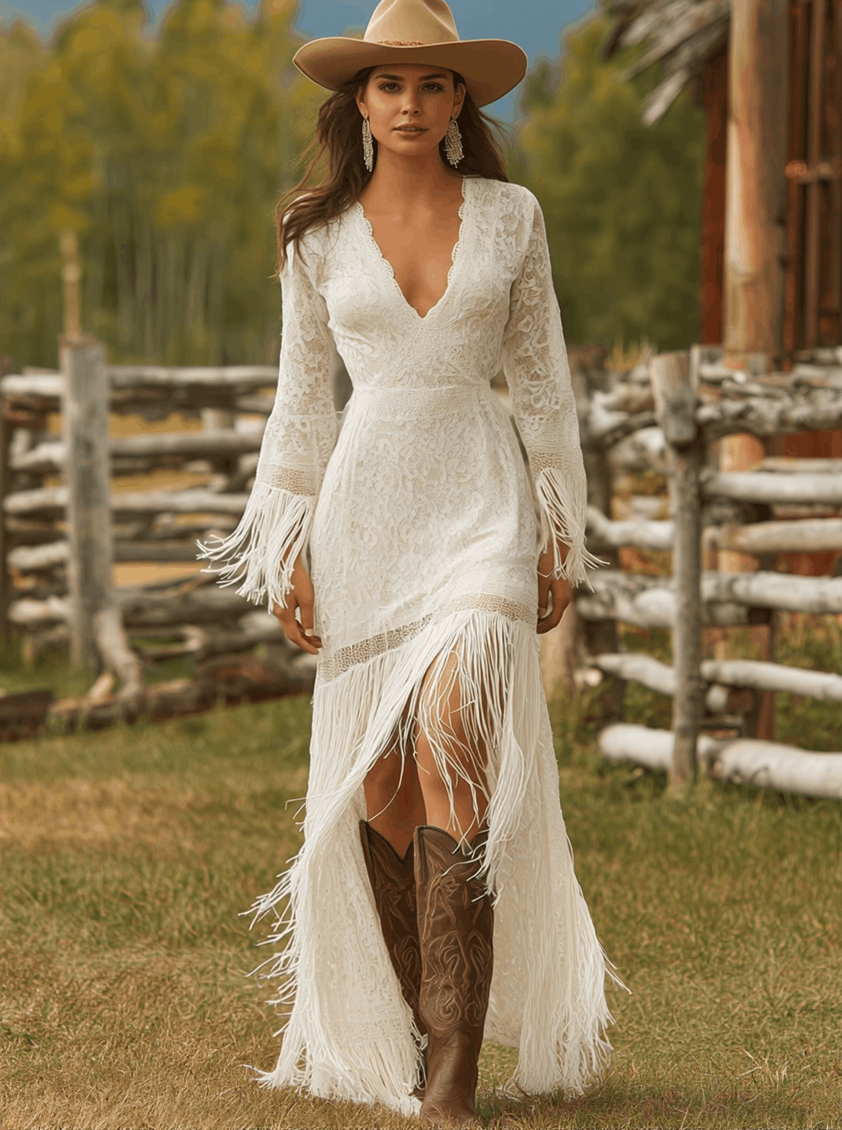 Robe Longue de Mariée Bohème avec Dentelle et Finitions à Franges pour Femme
