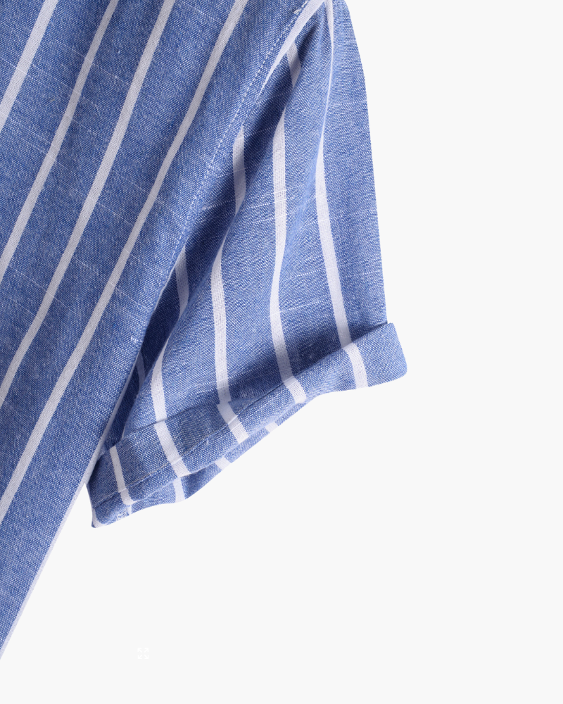 Chemise en Lin à Rayures pour Homme avec Col Officier et Manches Courtes