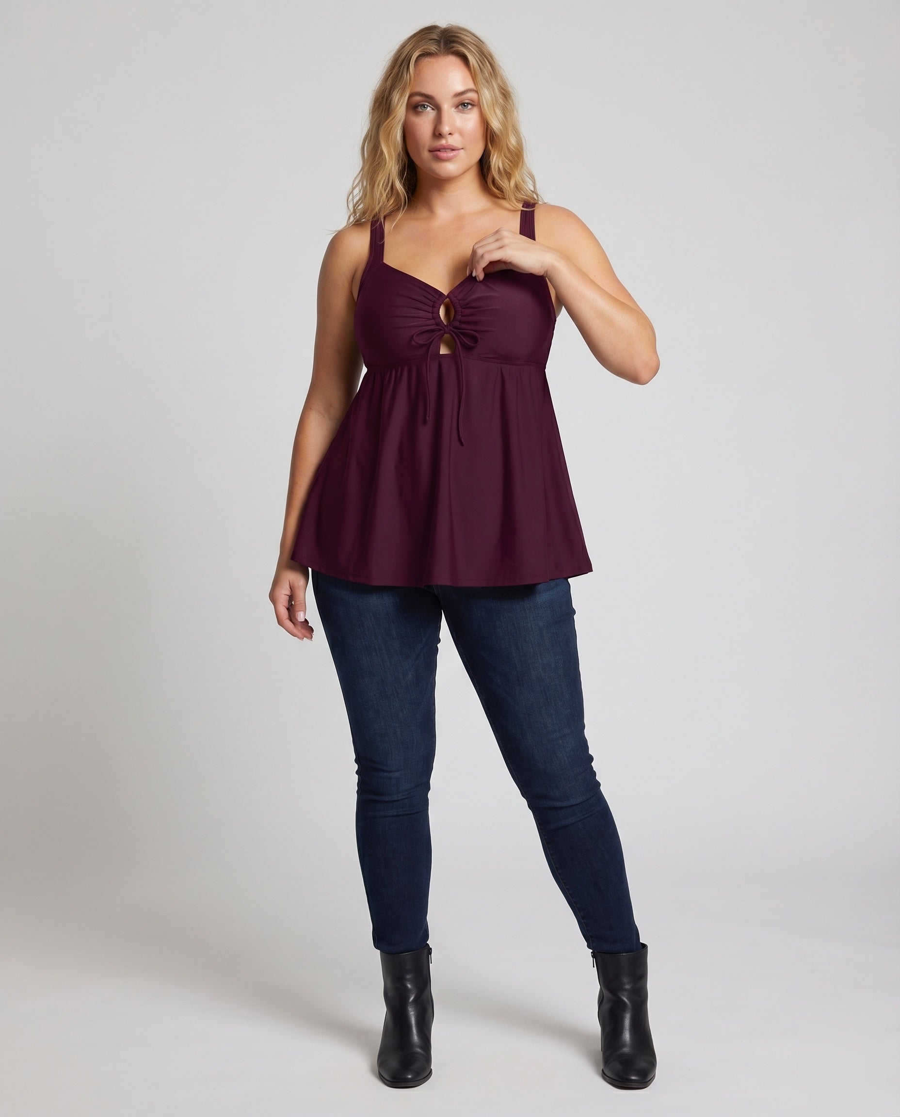 Top de Tankini de Cintura Alta con Dobladillo Trapecio y Detalle de Lazo