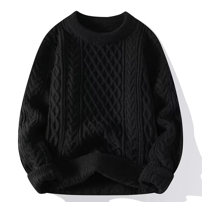Suéter feminino casual, gola redonda, padrão trançado, mangas longas, punhos canelados