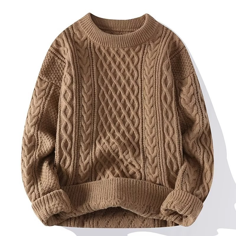 Suéter feminino casual, gola redonda, padrão trançado, mangas longas, punhos canelados