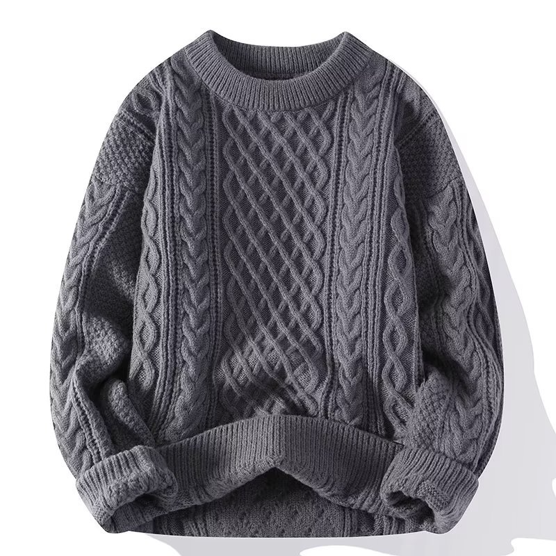 Suéter feminino casual, gola redonda, padrão trançado, mangas longas, punhos canelados