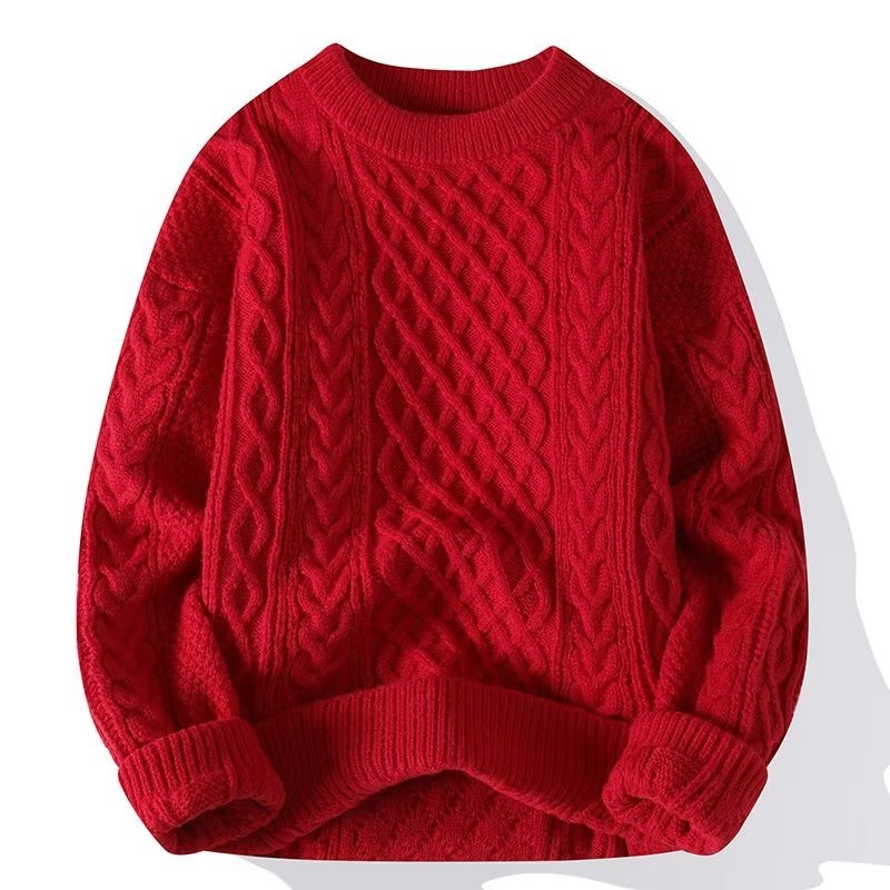Suéter feminino casual, gola redonda, padrão trançado, mangas longas, punhos canelados