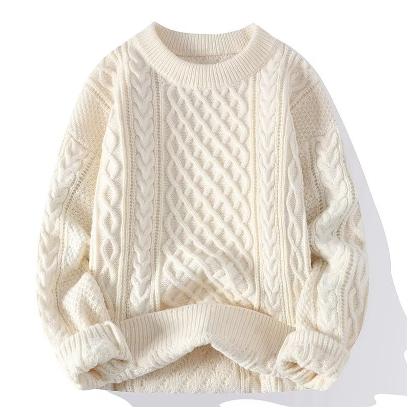 Suéter feminino casual, gola redonda, padrão trançado, mangas longas, punhos canelados