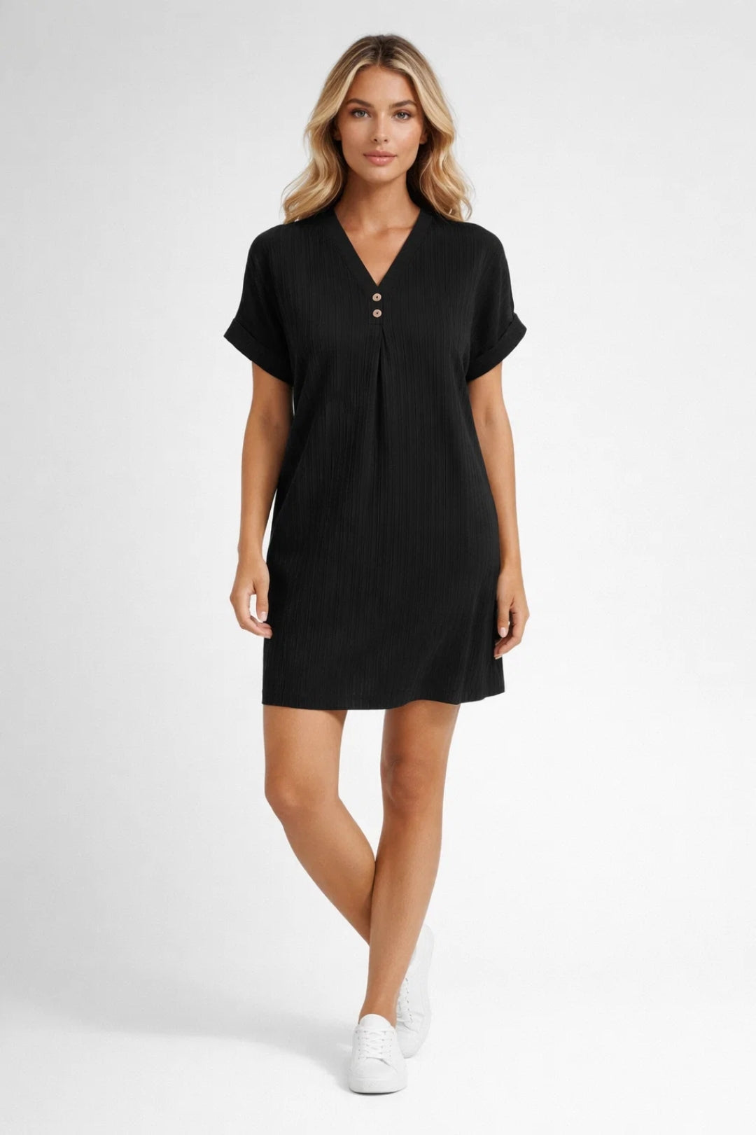 Robe Courte Décontractée à Col en V et Manches Mi-Longues en Maille Côtelée