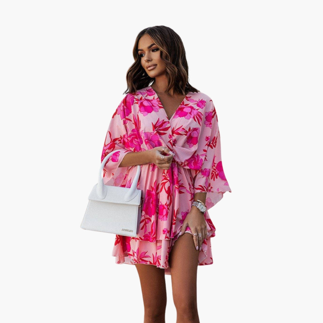 Robe Courte Imprimée avec Ourlet à Volants Col V et Manches Chauve-souris pour Femme