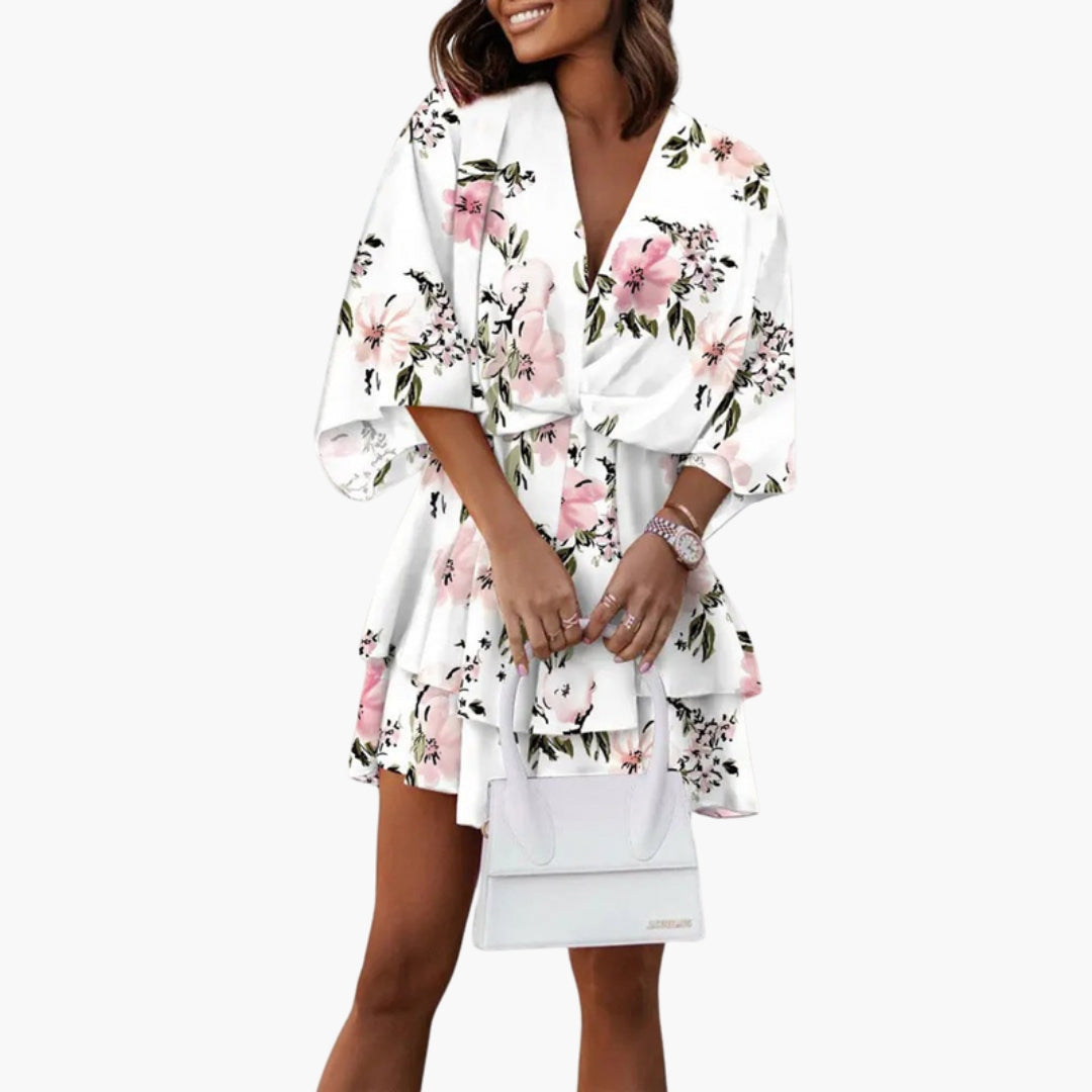 Robe Courte Imprimée avec Ourlet à Volants Col V et Manches Chauve-souris pour Femme