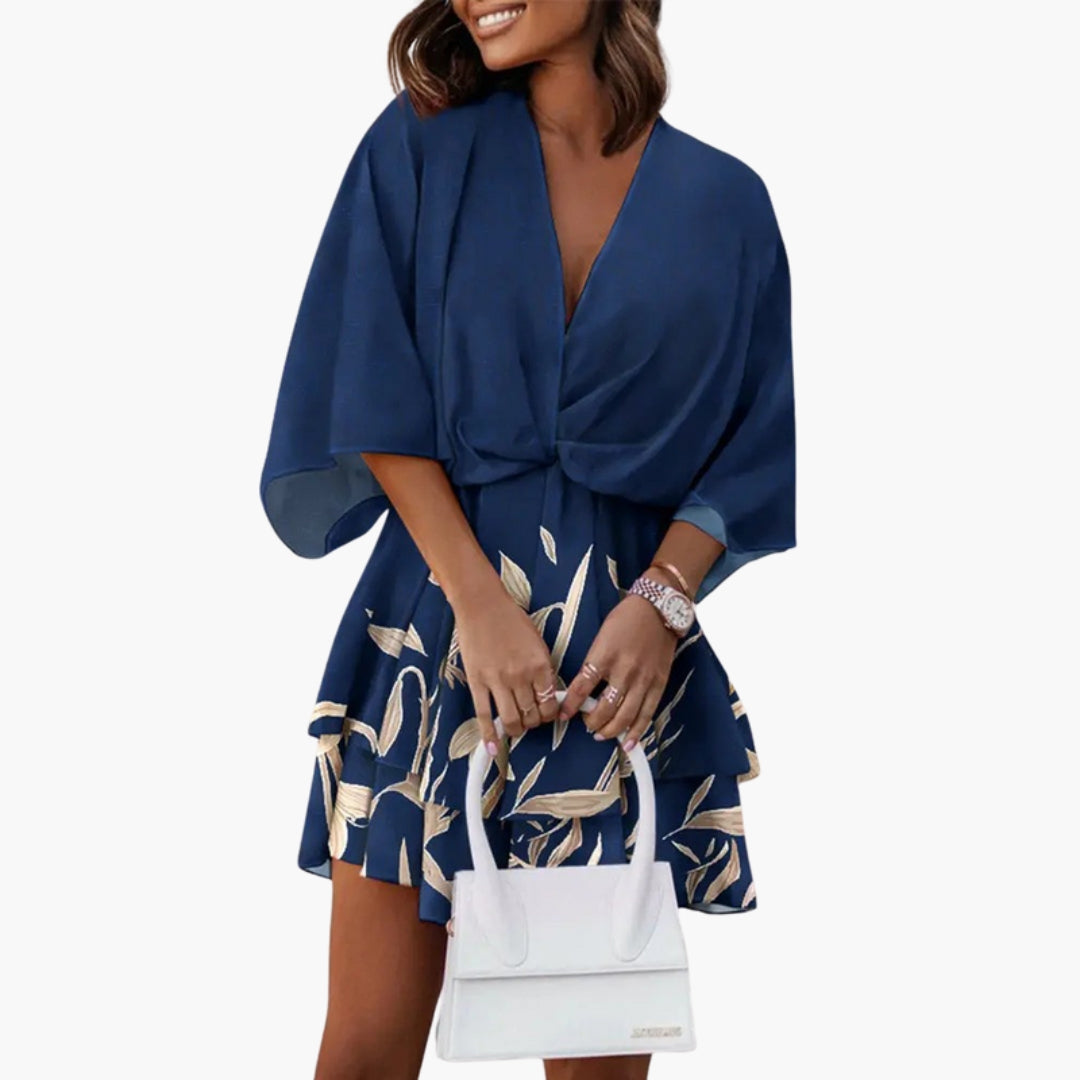 Robe Courte Imprimée avec Ourlet à Volants Col V et Manches Chauve-souris pour Femme