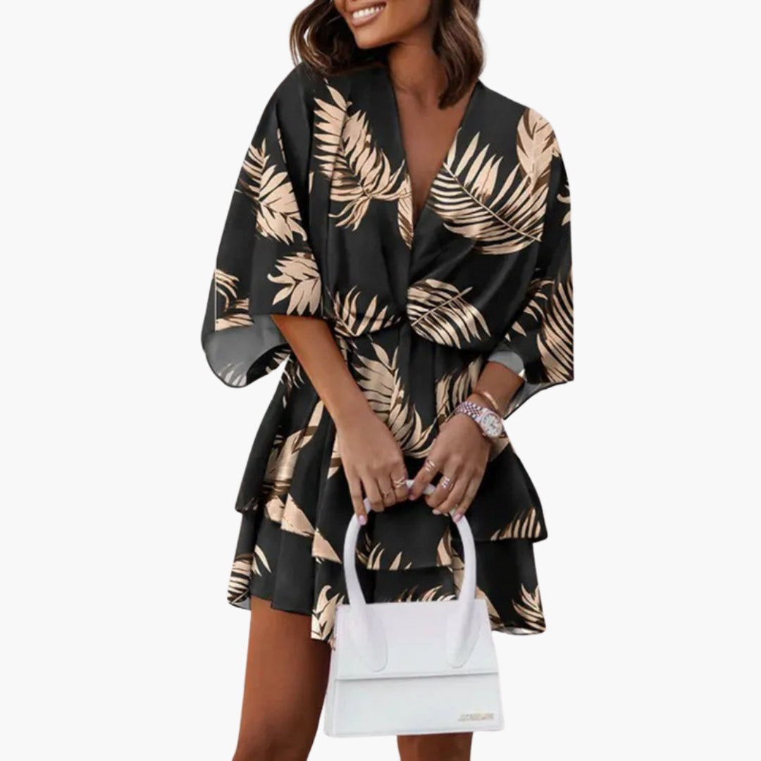 Robe Courte Imprimée avec Ourlet à Volants Col V et Manches Chauve-souris pour Femme