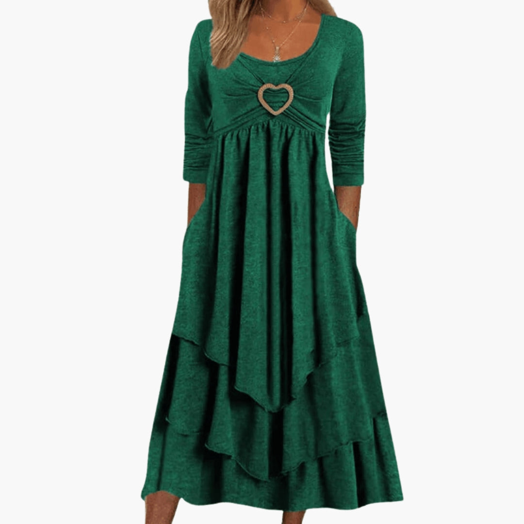 Robe Longue Femme à Manches Longues avec Col Rond et Jupe à Volants Superposés