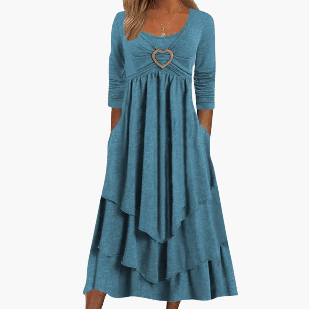 Robe Longue Femme à Manches Longues avec Col Rond et Jupe à Volants Superposés