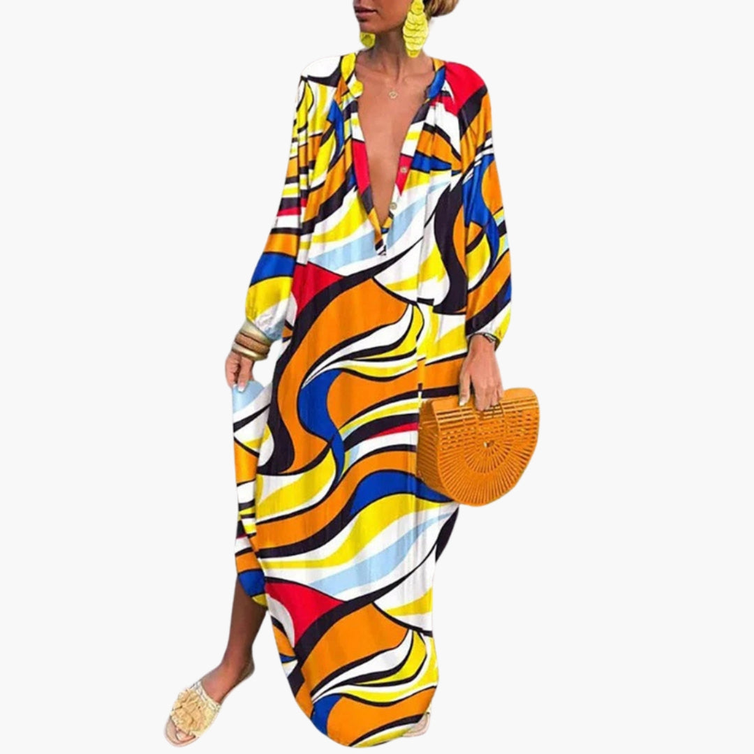 Robe Longue Imprimée à Manches Longues avec Col en V et Coupe Ample pour Femme