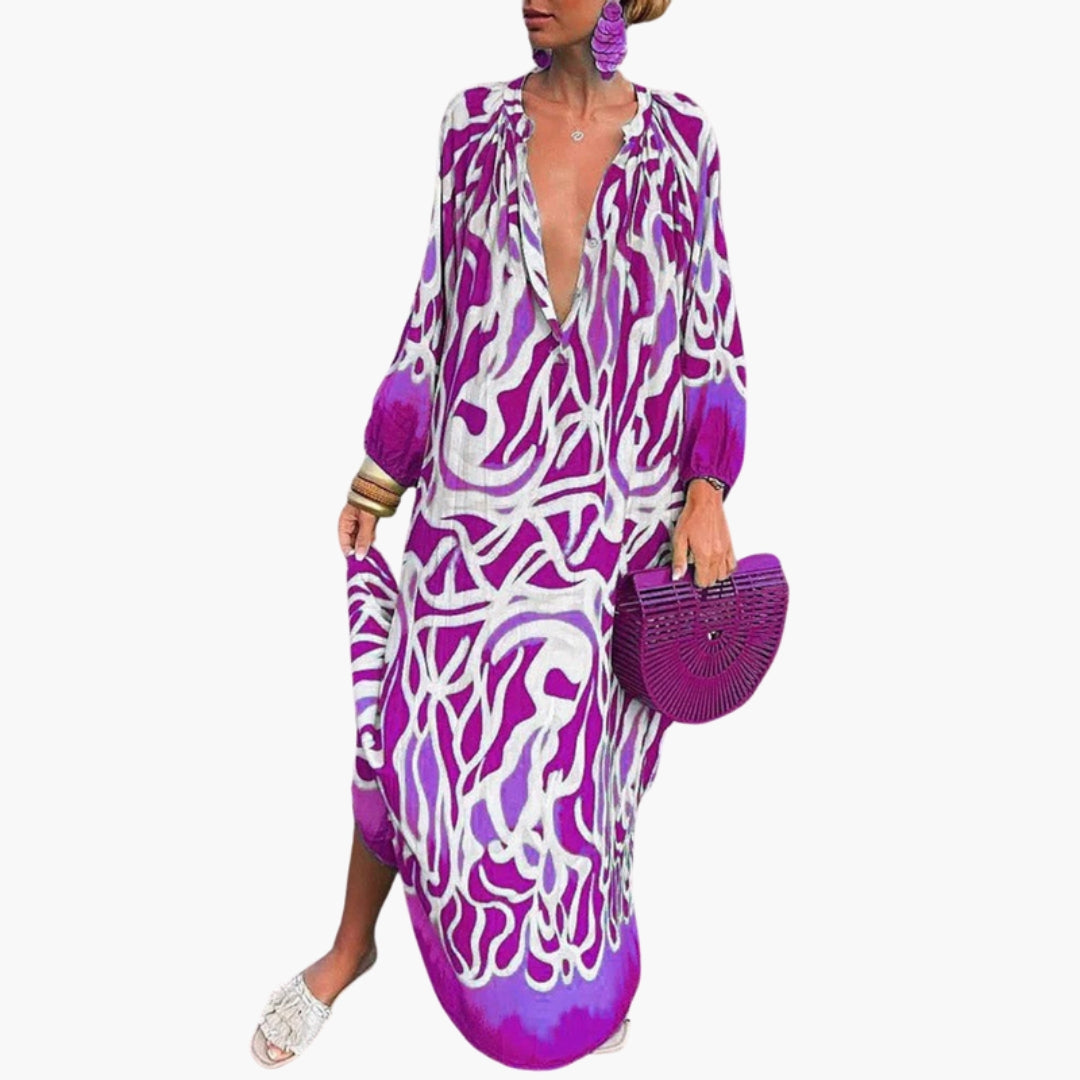 Robe Longue Imprimée à Manches Longues avec Col en V et Coupe Ample pour Femme