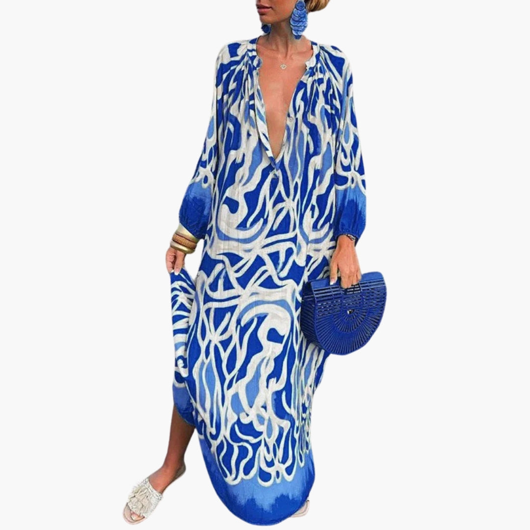 Robe Longue Imprimée à Manches Longues avec Col en V et Coupe Ample pour Femme