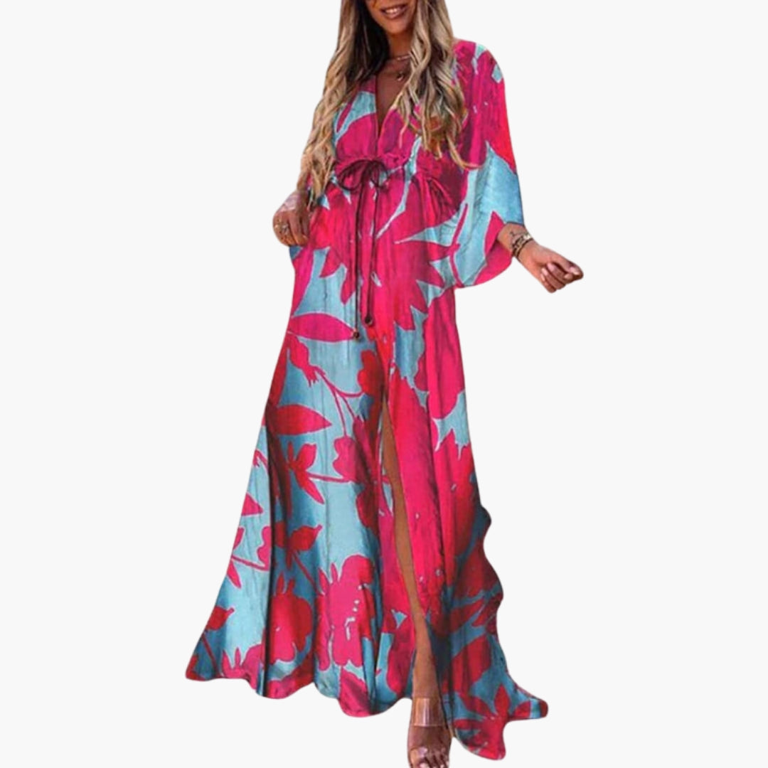Robe Longue de Plage Imprimée à Col V et Manches Chauve-souris Style Bohème pour Femme