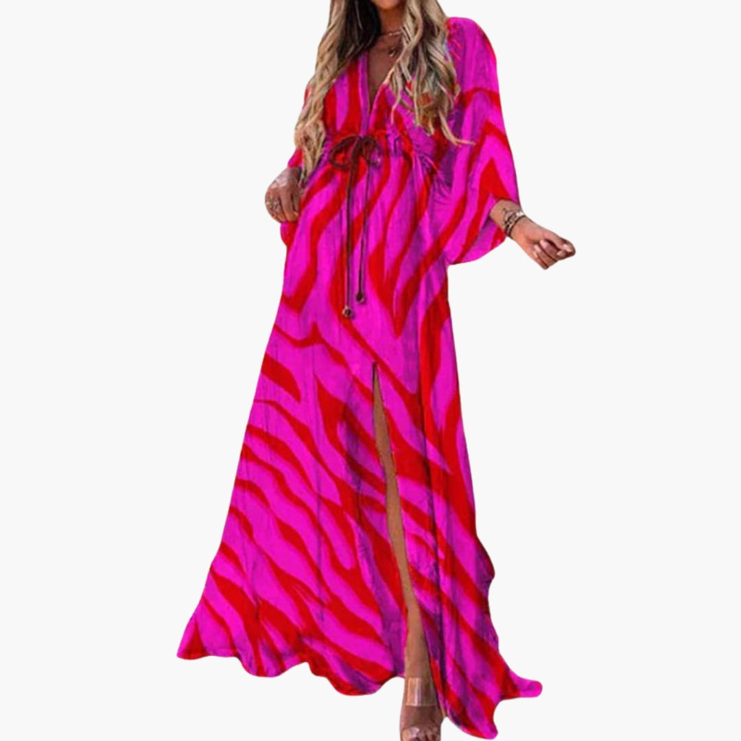Robe Longue de Plage Imprimée à Col V et Manches Chauve-souris Style Bohème pour Femme