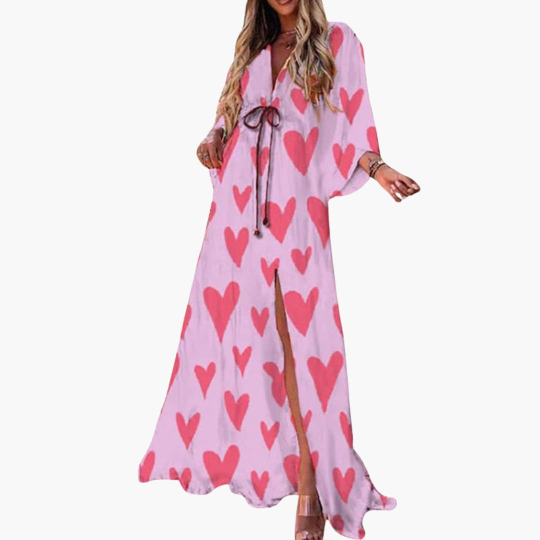 Robe Longue de Plage Imprimée à Col V et Manches Chauve-souris Style Bohème pour Femme
