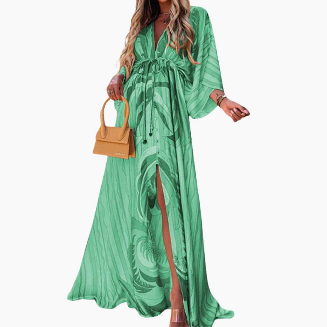 Robe Longue de Plage Imprimée à Col V et Manches Chauve-souris Style Bohème pour Femme