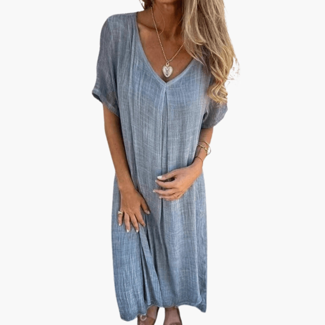 Robe Longue Femme en Coton et Lin Col V Manches Courtes Style Bohème Décontracté