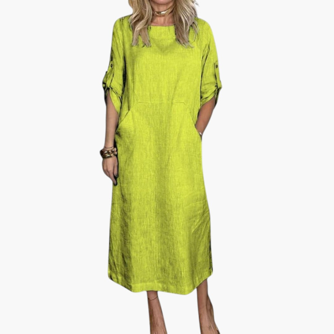 Robe Longue Femme en Coton et Lin avec Poches Coupe Ample Décontractée