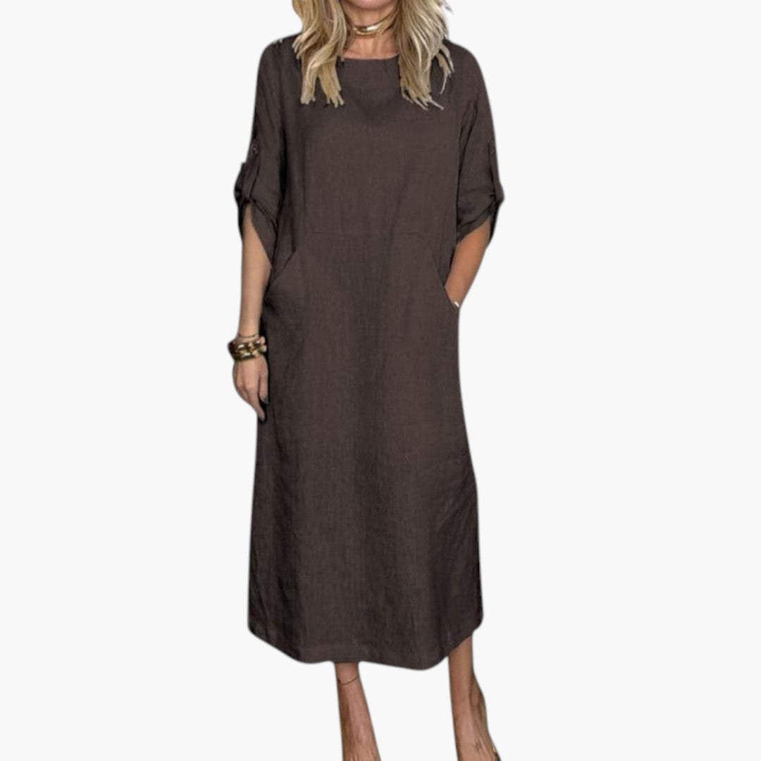 Robe Longue Femme en Coton et Lin avec Poches Coupe Ample Décontractée