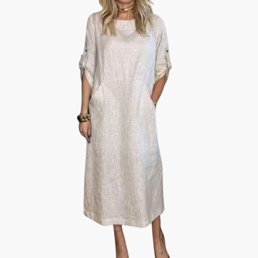Robe Longue Femme en Coton et Lin avec Poches Coupe Ample Décontractée