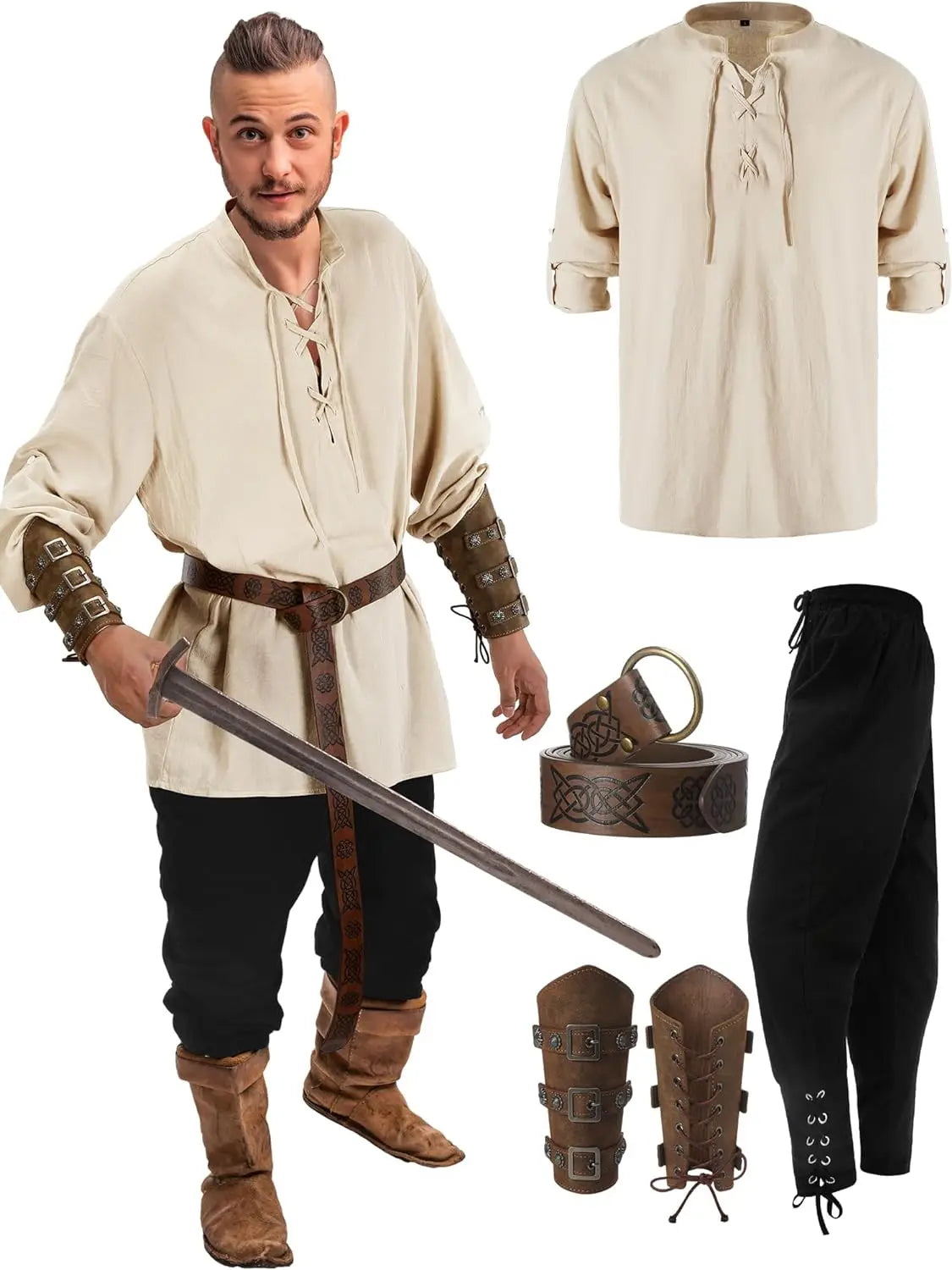 Conjunto masculino medieval de camisa e calça para cosplay de Halloween, com cinto viking